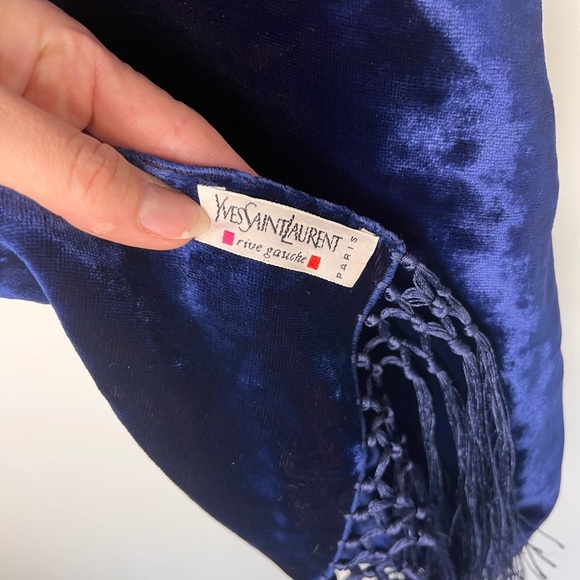 YSL Yves Saint Laurent Rive Gauche Paris Vintage Velvet Scarf 66”x12” Blue - Picture 6 of 10